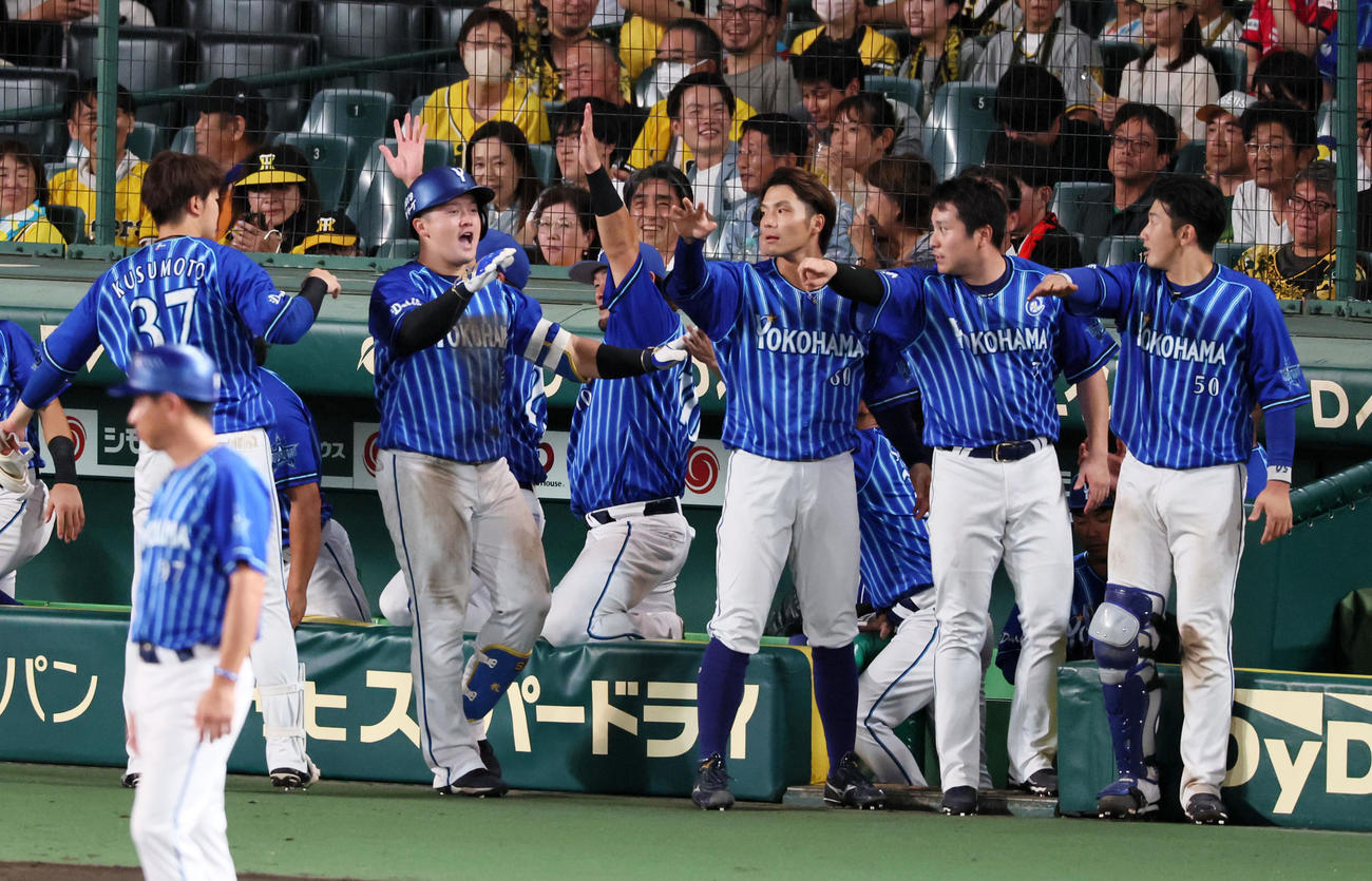 阪神対DeNA 9回表DeNA無死、牧は左越えソロ本塁打を放ちベンチ前でデスターシャを決める（撮影・加藤哉）