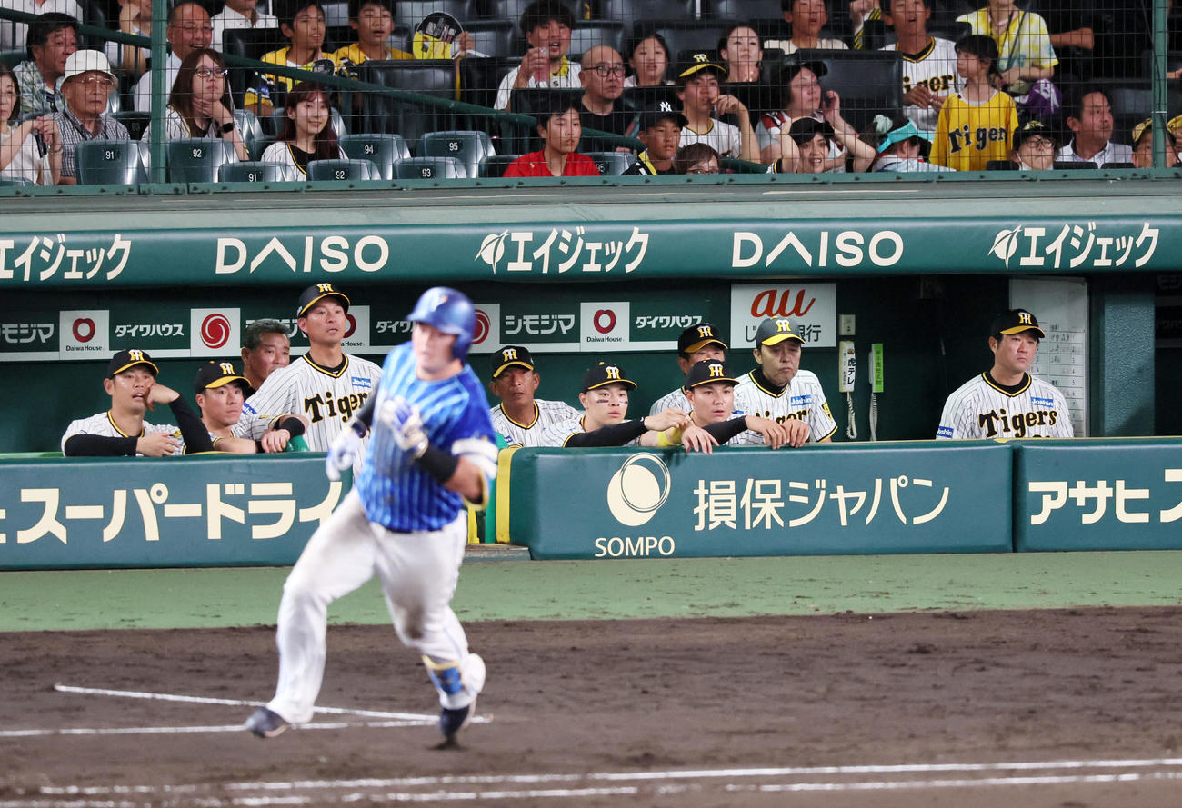 阪神対DeNA 9回表DeNA無死、牧の左越えソロ本塁打でDeNAに勝ち越しを許しベンチからじっとグラウンド見つめる岡田監督（右から2人目）（撮影・加藤哉）