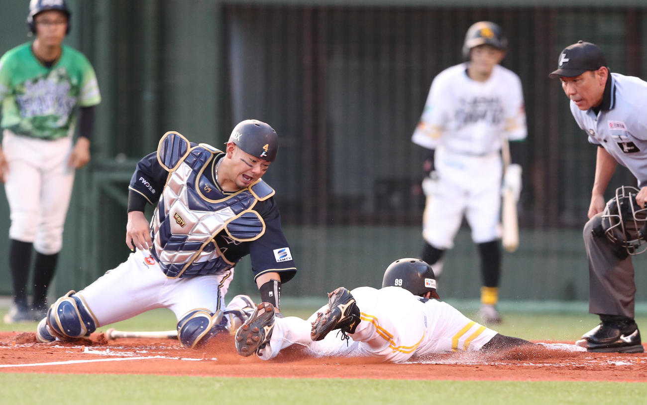 ソフトバンク対オリックス　1回裏ソフトバンク1死満塁、中村晃の二飛で生還する野村勇。捕手は森（撮影・梅根麻紀）