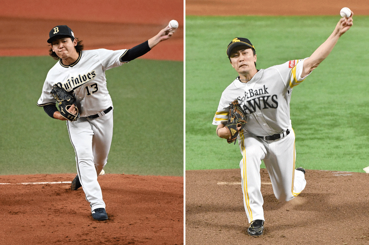 オリックス宮城大弥（左）とソフトバンク和田毅