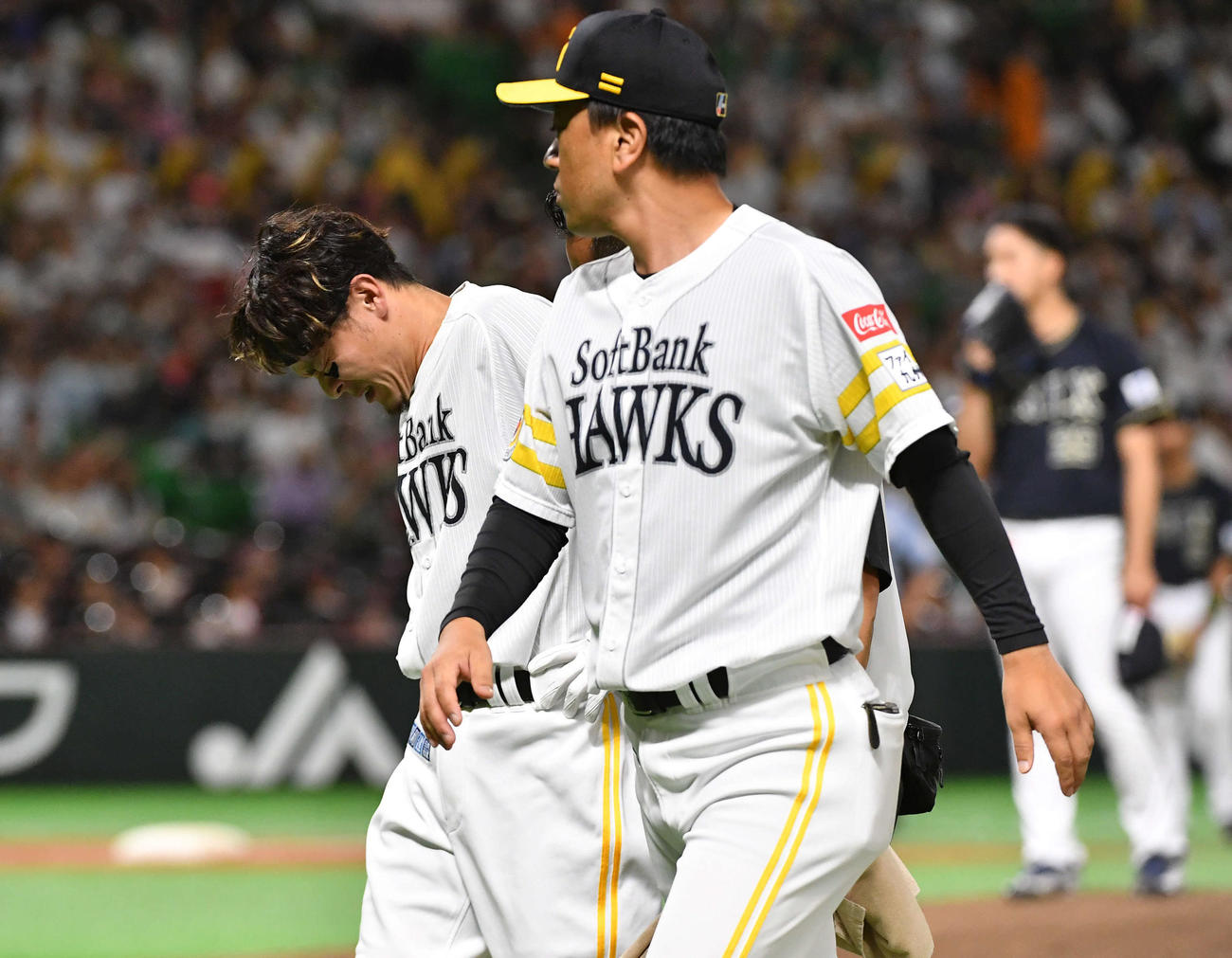 ソフトバンク対オリックス　2回裏ソフトバンク無死、死球を受け、治療のためベンチへ戻る牧原大（撮影・岩下翔太）