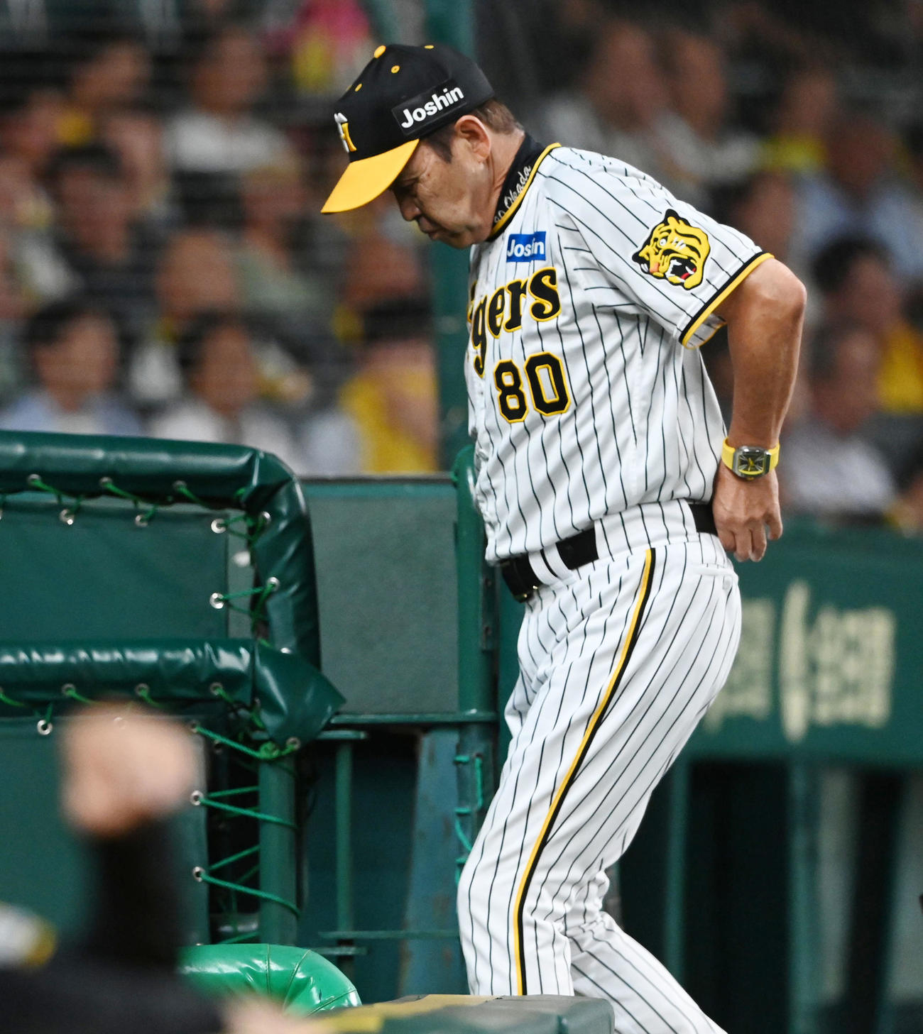 阪神対DeNA 7回、島本の交代を告げベンチに戻る岡田監督（撮影・前岡正明）