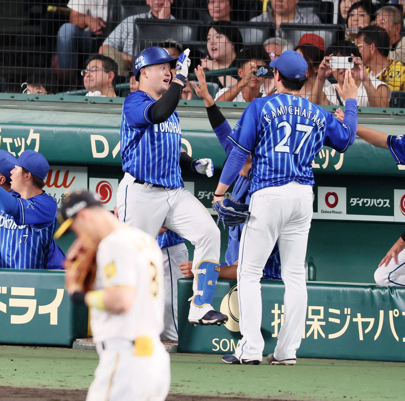 阪神対DeNA 6回表DeNA2死一、三塁、右越え3点本塁打を放って生還した牧（左）はベンチ前で上茶谷とタッチ（撮影・加藤哉）