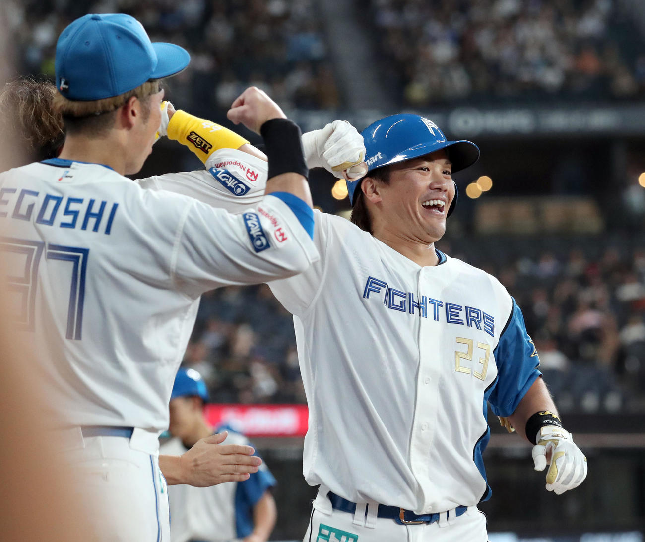 日本ハム対オリックス　2回裏日本ハム無死、伏見は左越え本塁打を放ちナインに出迎えられる（撮影・佐藤翔太）
