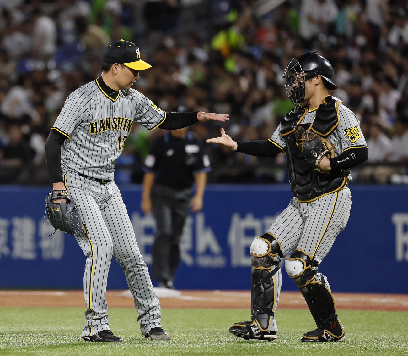 ヤクルト対阪神　9回を締め、坂本とタッチを交わす阪神岩崎（左）（撮影・藤尾明華）