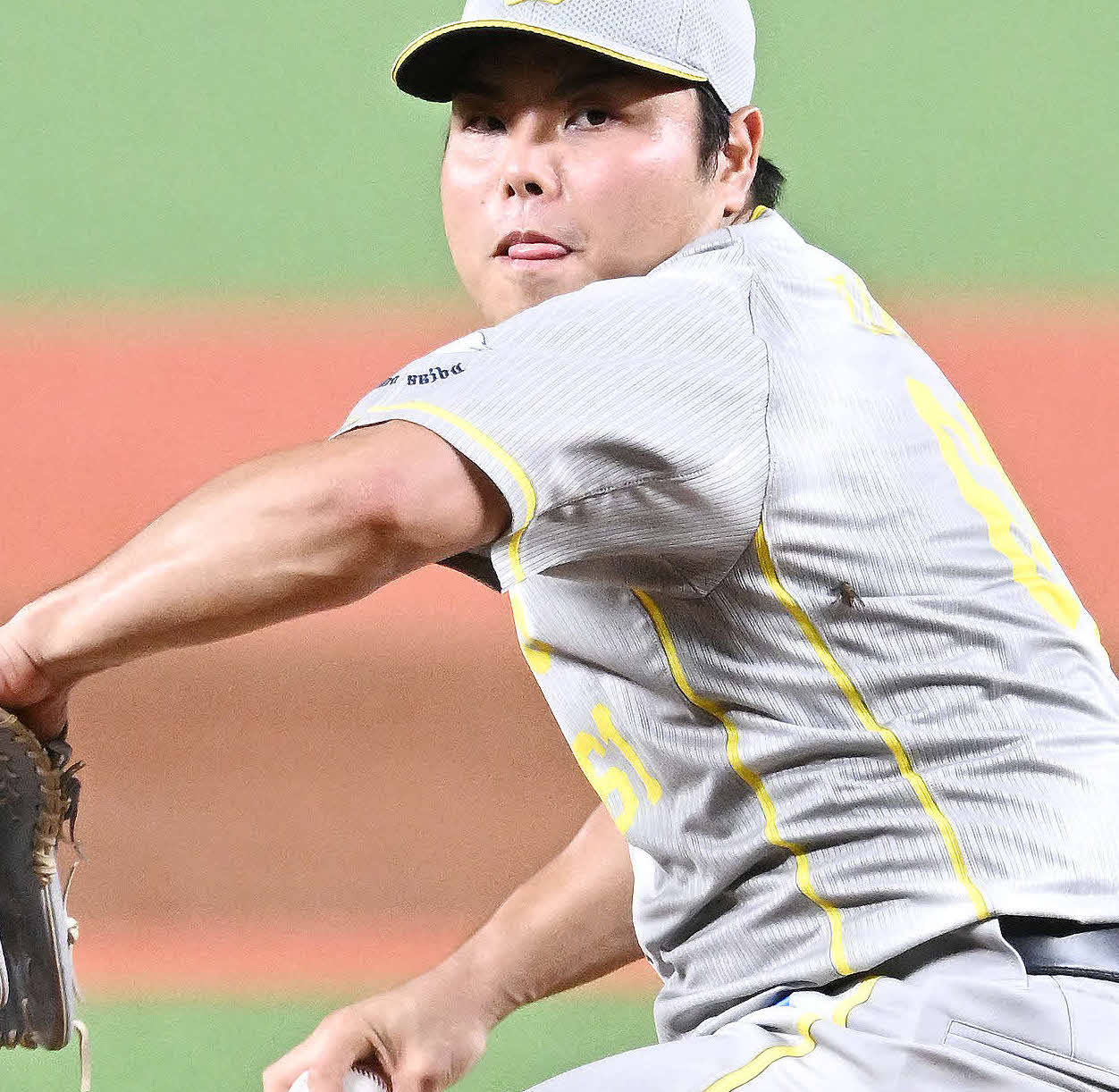 西武対ソフトバンク　左脇腹付近に虫が止まったまま力投する西武先発の平良（撮影・滝沢徹郎）