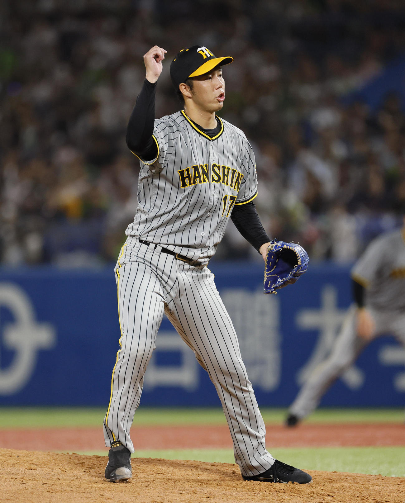 ヤクルト対阪神　4回裏ヤクルト無死二塁、サンタナを三振に仕留める阪神青柳（撮影・藤尾明華）