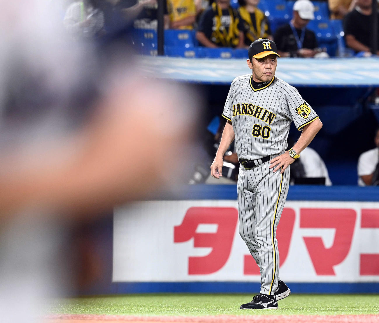 ヤクルト対阪神　試合終了後、ぶ然とした表情でヤクルトベンチを見つめる阪神岡田監督（撮影・たえ見朱実）