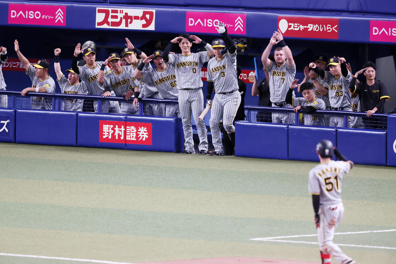 中日対阪神　1回表阪神無死一塁、中野が右へ適時三塁打を放ち笑顔でポーズを決めるベンチのナイン（撮影・加藤哉）