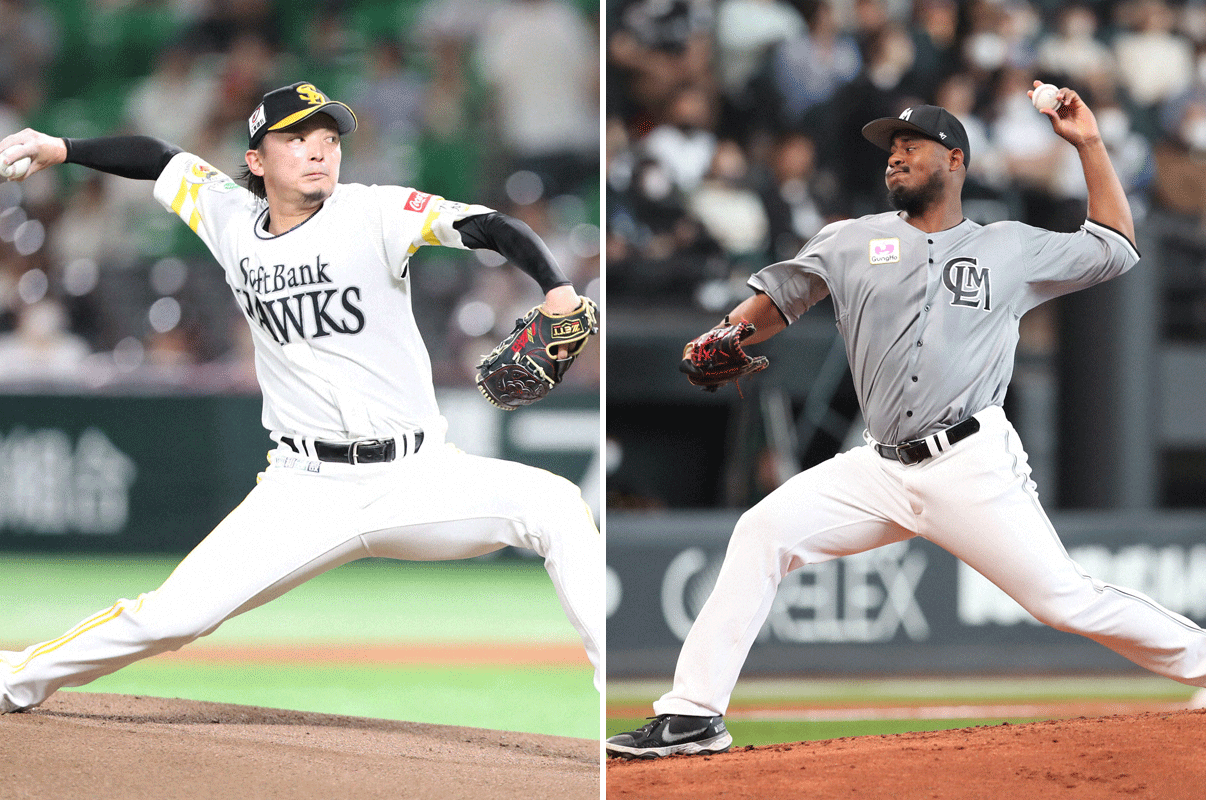 ソフトバンク東浜巨（左）とロッテ・メルセデス