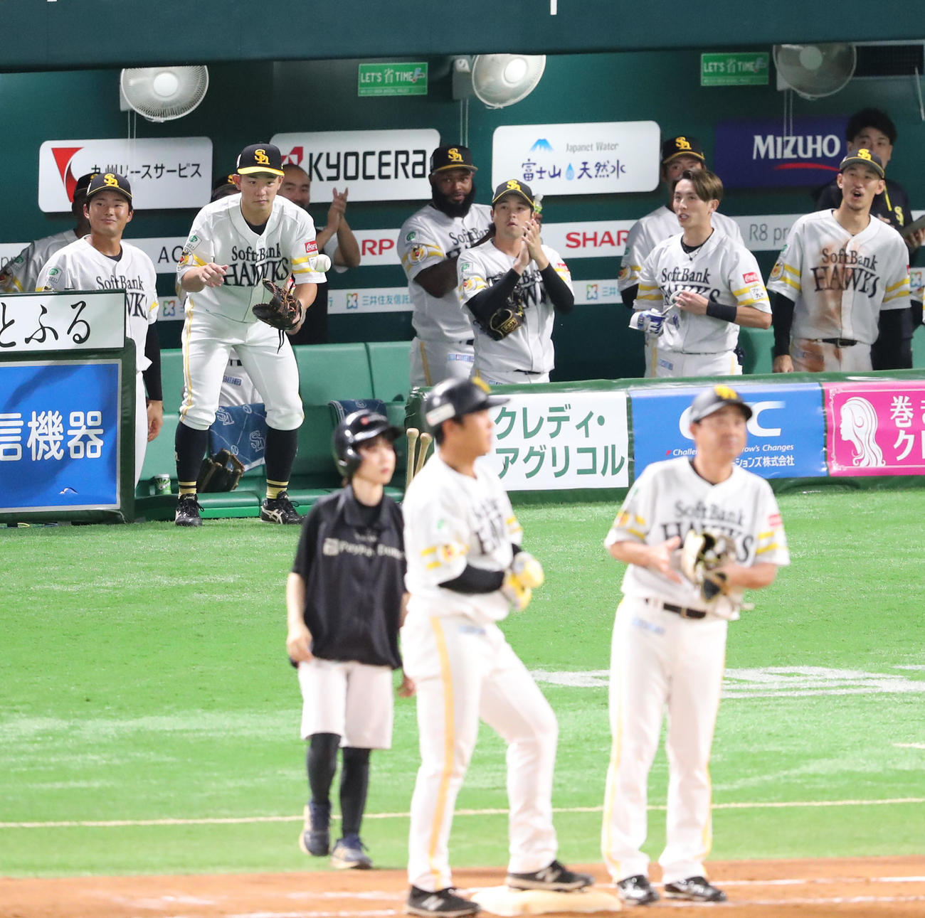 ソフトバンク対ロッテ　5回裏ソフトバンク無死、井上は中前安打を放つ、球がベンチのナインに戻る（撮影・梅根麻紀）
