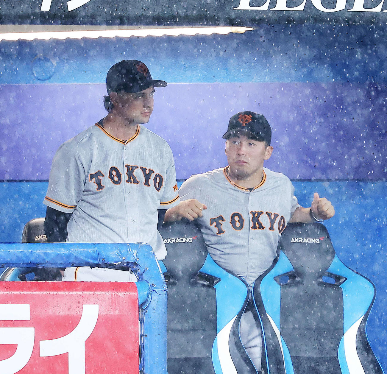 ヤクルト対巨人　1回表を終え、悪天候で一時中断になり、再開を待つ巨人ビーディ（左）と浅野（撮影・河田真司）