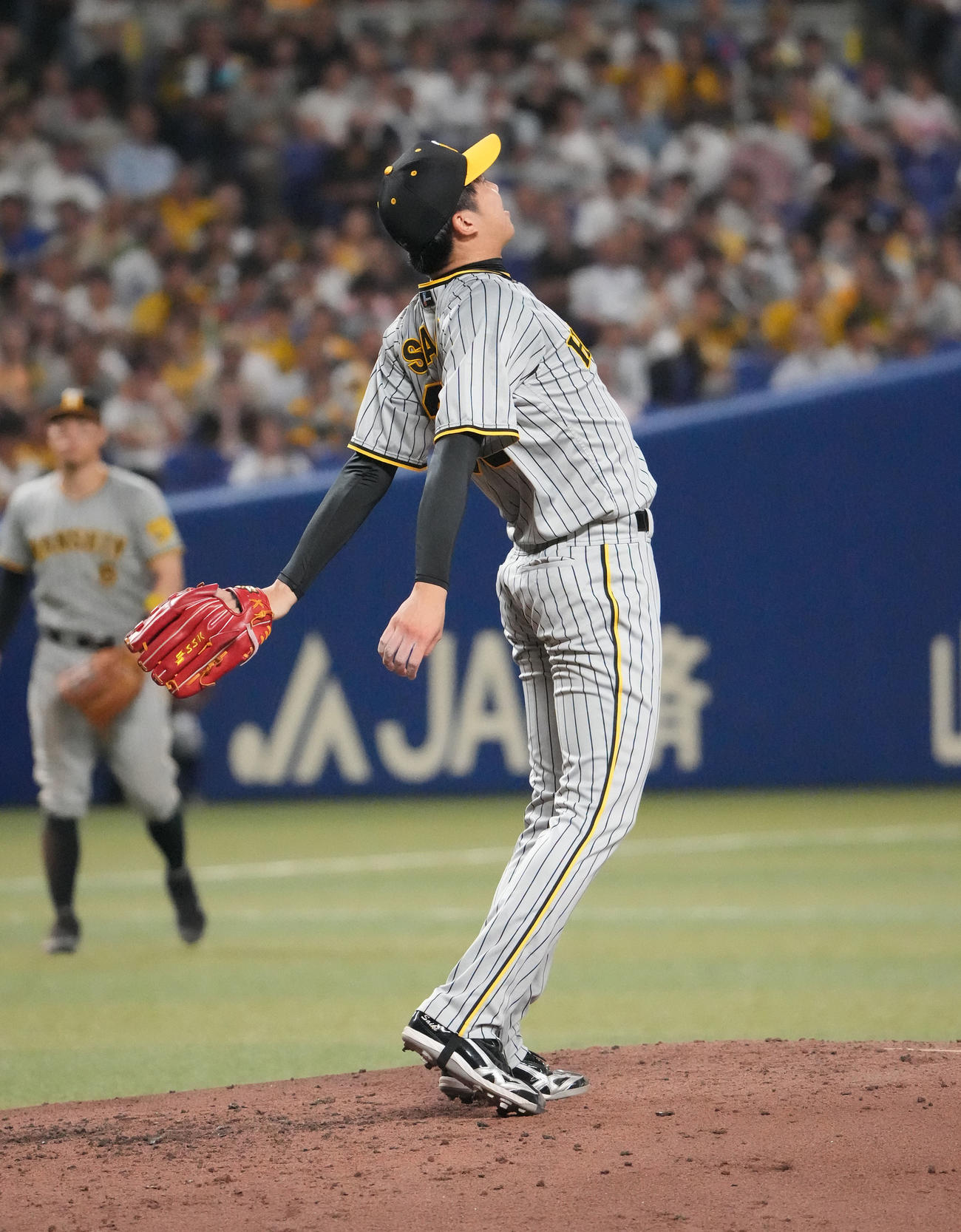中日対阪神　4回裏中日1死一、二塁、判定に体を大きくのけぞらせる才木（撮影・森本幸一）
