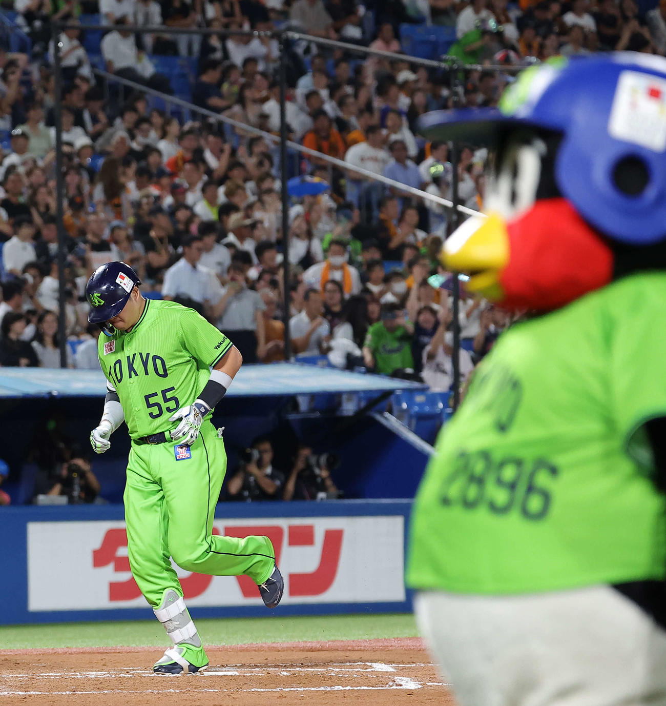 ヤクルト対巨人　6回裏ヤクルト1死、中越え同点ソロ本塁打で生還する村上（撮影・河田真司）