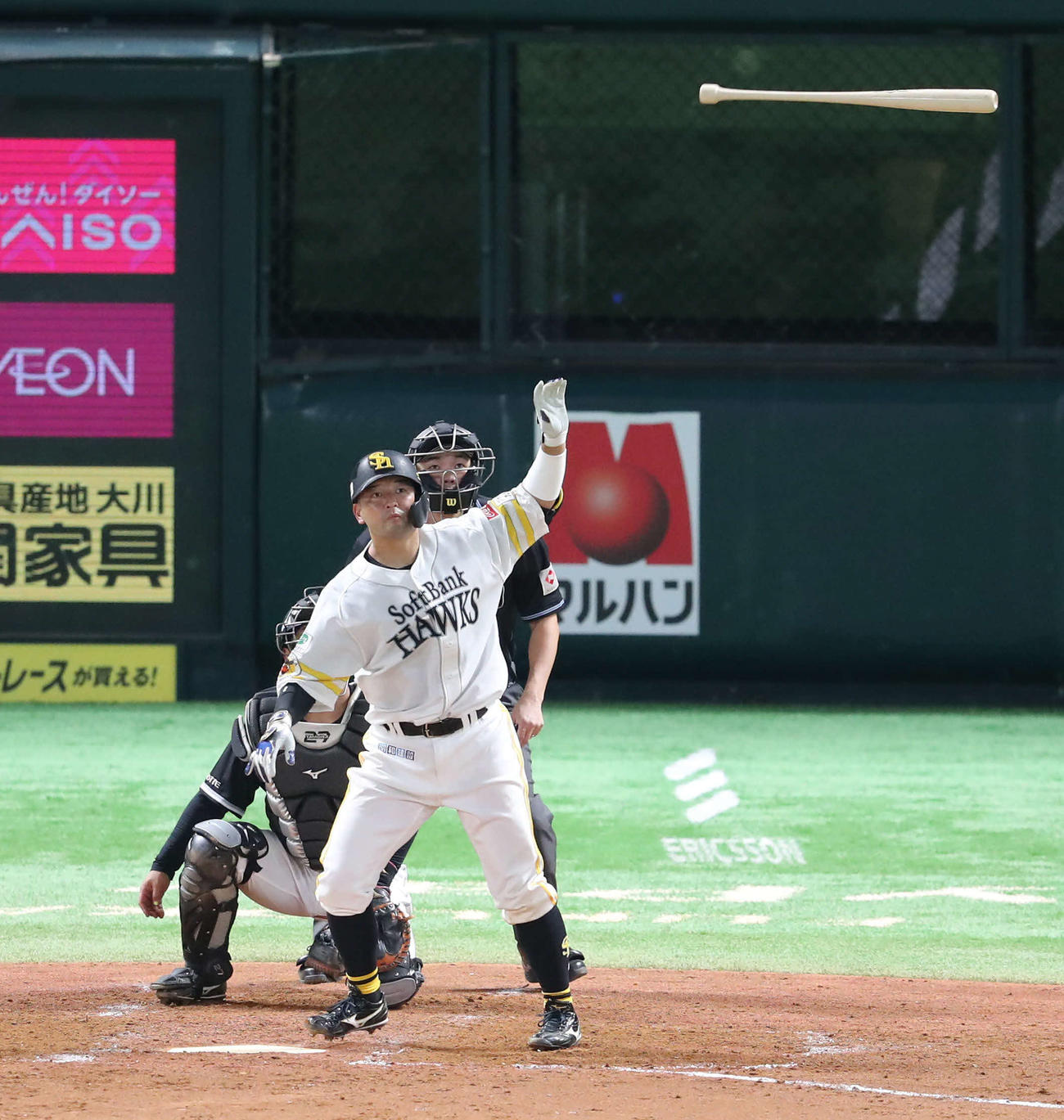 ソフトバンク対ロッテ　4回裏ソフトバンク1死、嶺井は左越えソロ本塁打を放つ（撮影・梅根麻紀）