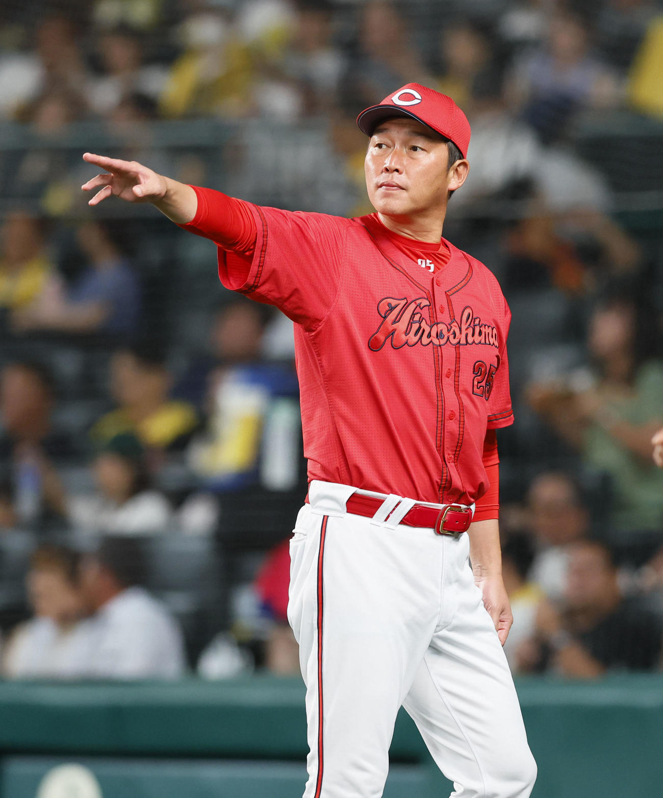 阪神対広島　6回、交代を告げる広島新井監督（撮影・藤尾明華）