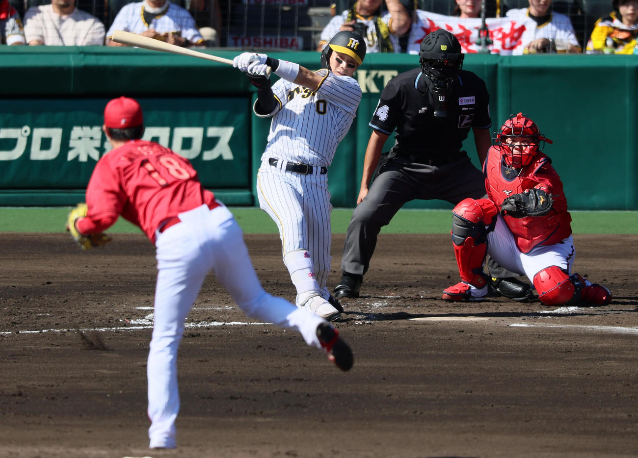 阪神対広島　2回裏阪神1死二塁、木浪は右前打を放つ。投手は森下（撮影・加藤哉）