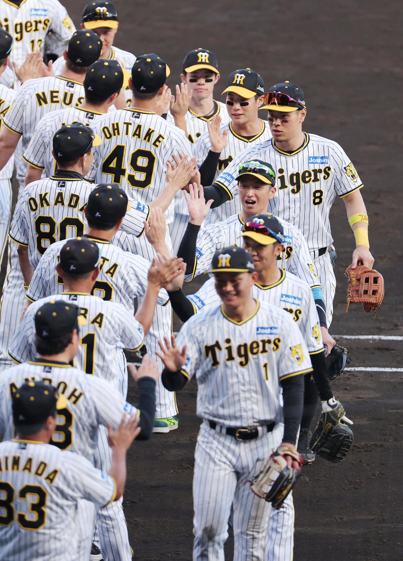 阪神対広島　7広島に勝利し、タッチを交わして喜ぶ阪神ナイン（撮影・前田充）
