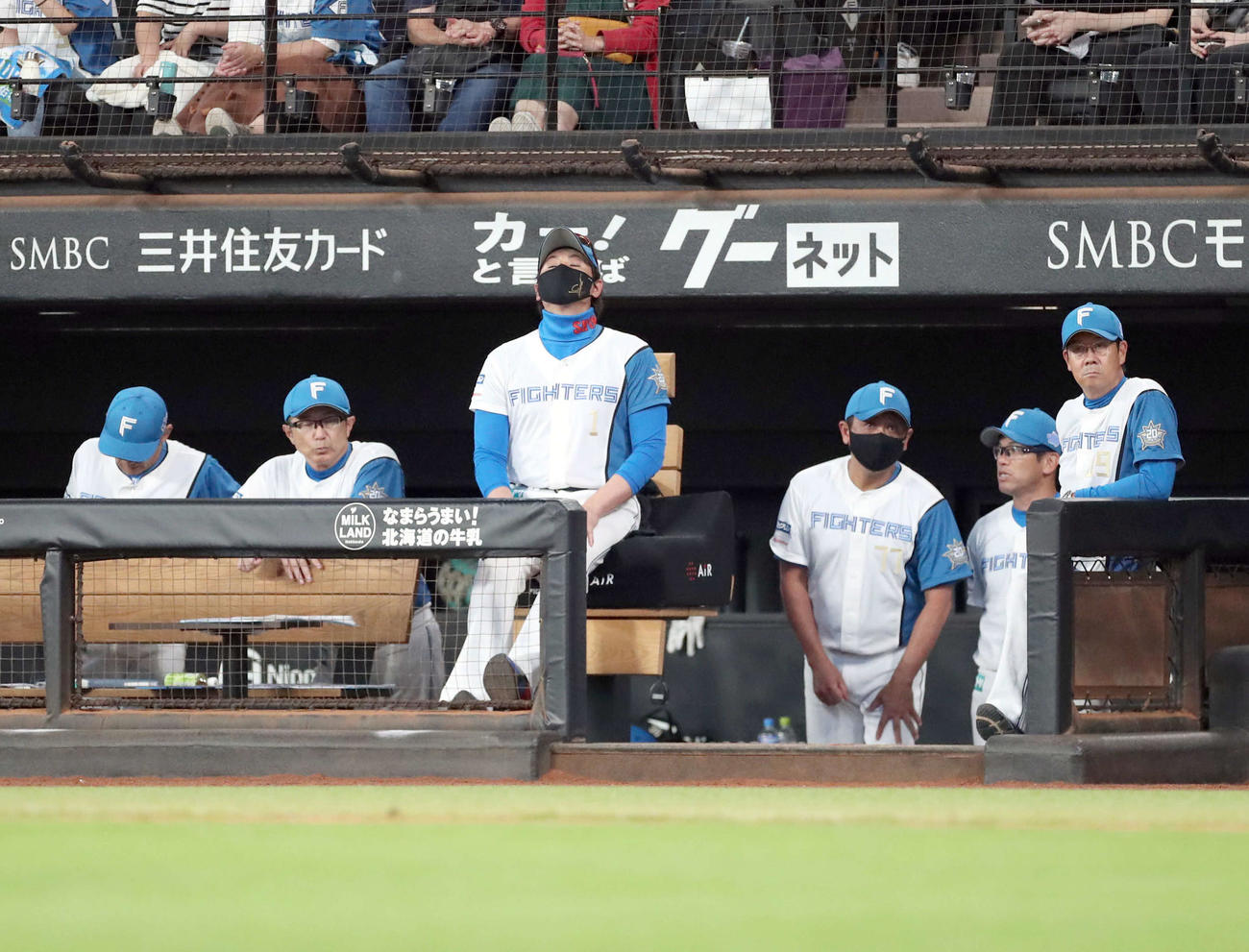 日本ハム対西武　西武に敗れ天を仰ぐ日本ハム新庄監督（中央）（撮影・佐藤翔太）