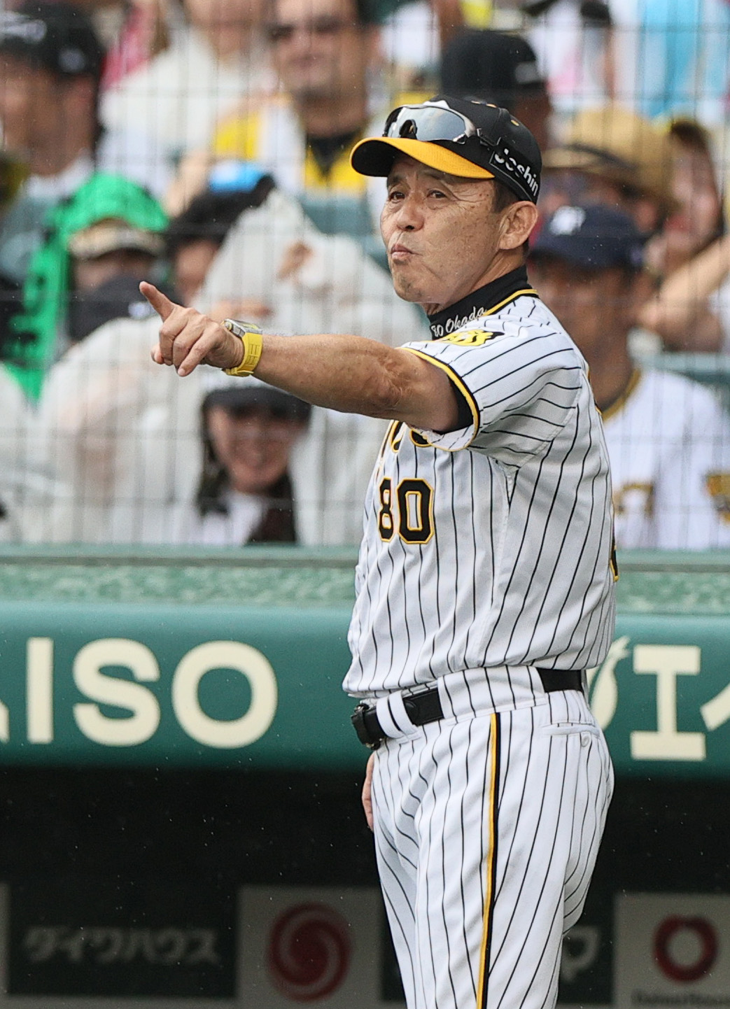 阪神対広島　7回裏終了後、岡田監督は球審に選手交代を告げる（撮影・上山淳一）