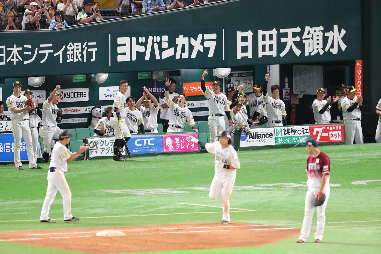 ソフトバンク対楽天　3回裏ソフトバンク1死一塁、柳田は右中間に2点本塁打を放つ、大喜びのナイン（撮影・梅根麻紀）