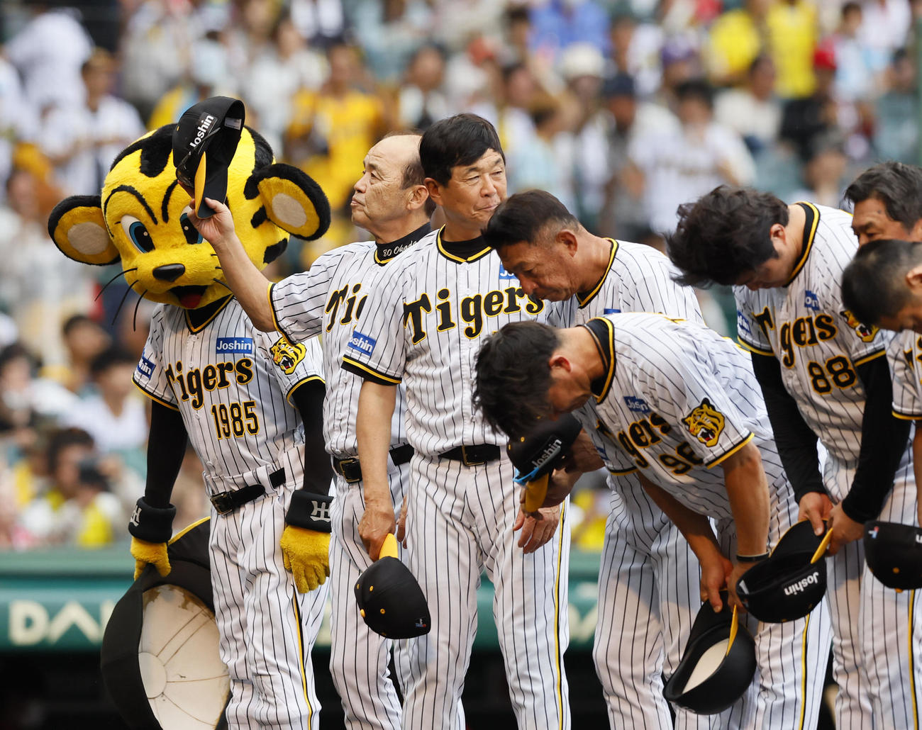 阪神対広島　広島に3連勝し、ファンにあいさつする阪神岡田監督（左から2人目）（撮影・藤尾明華）