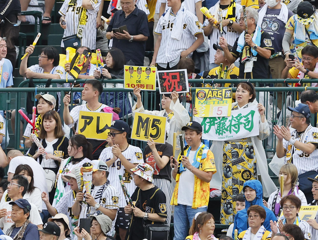2023年9月10日、阪神対広島　M5のボードを掲げ、喜ぶ阪神ファン