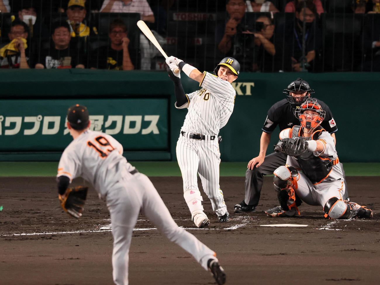 阪神対巨人　2回裏阪神1死一、三塁、木浪は右飛を打ち上げ犠飛となる。投手は山崎伊（撮影・加藤哉）