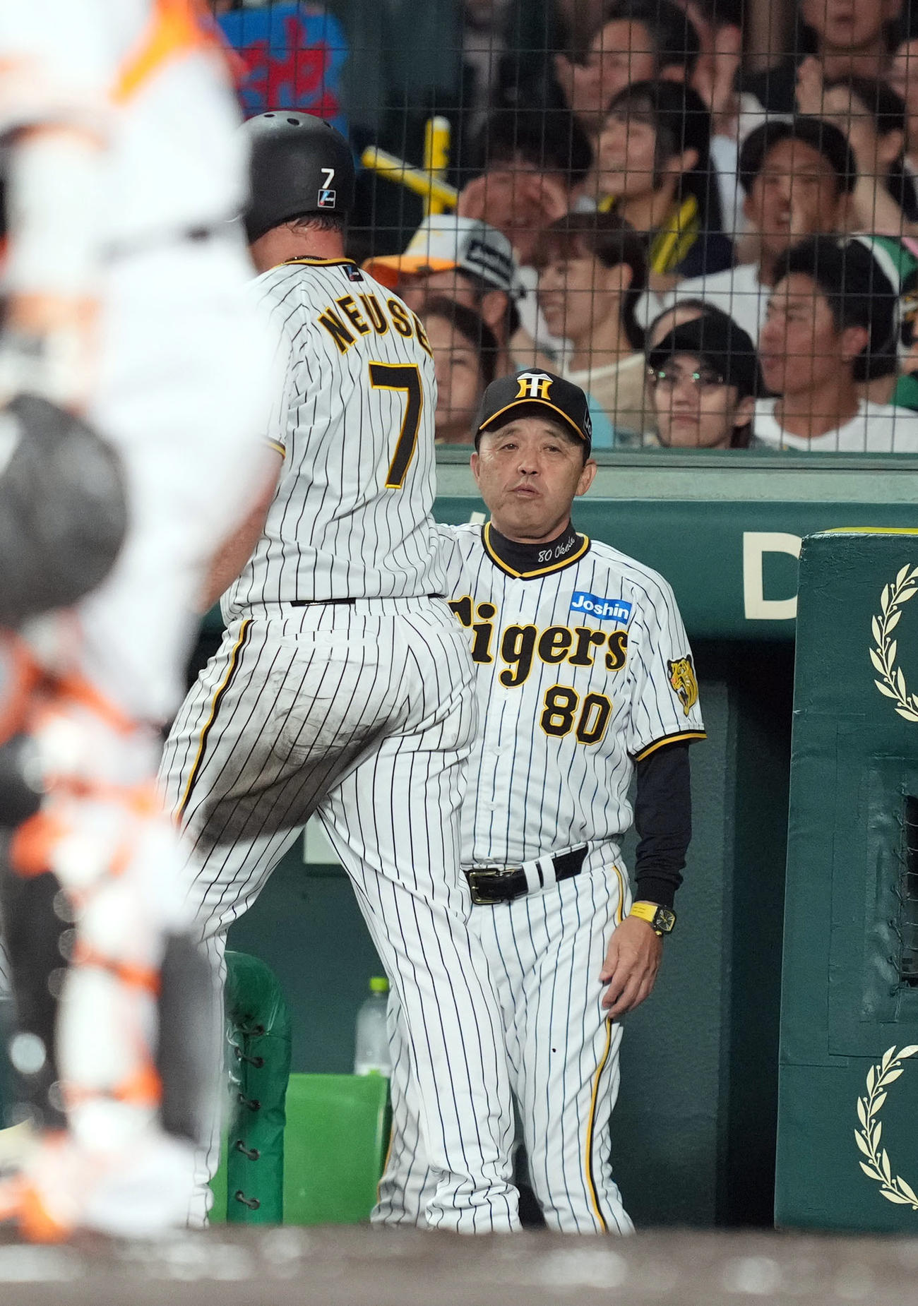 阪神対巨人　2回裏阪神1死一、三塁、木浪の先制犠飛で生還したノイジー（左）を迎える岡田監督（撮影・狩俣裕三）