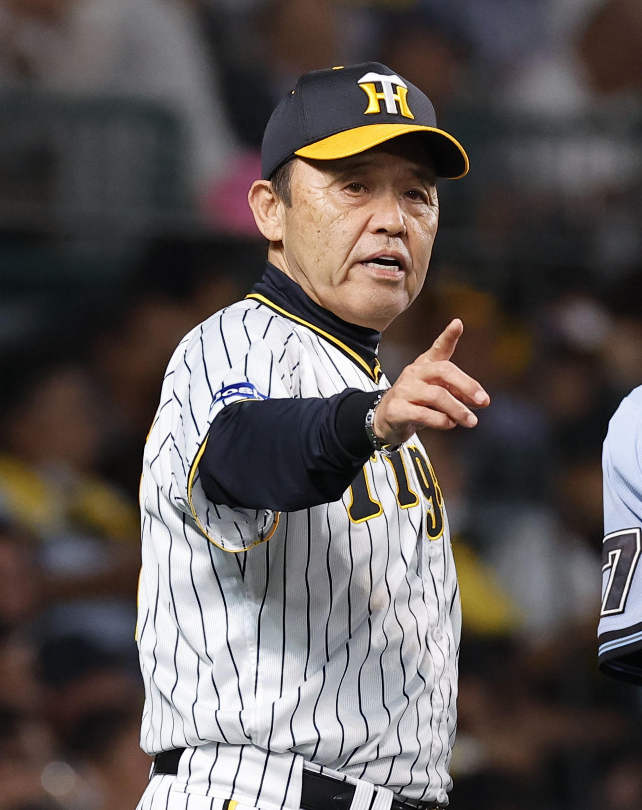 6月15日、阪神対オリックス　9回表、交代告げる阪神岡田監督（撮影・藤尾明華）