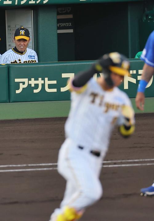 7月17日、阪神対中日　1回裏阪神2死一、二塁、先制3点本塁打を放った佐藤輝（右）に笑顔を見せる岡田監督（撮影・上田博志）