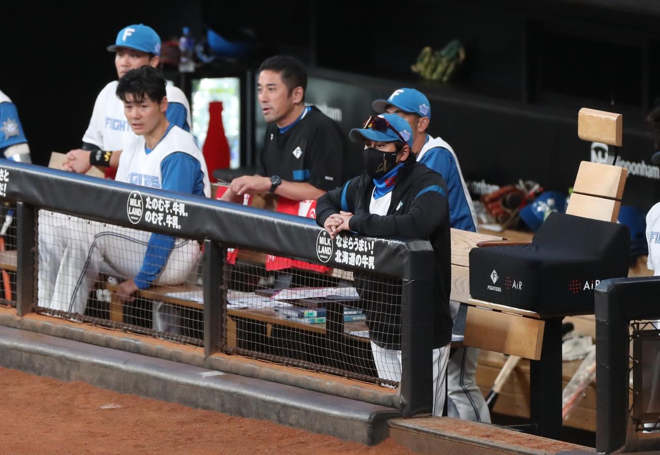 日本ハム対オリックス　ベンチで渋い表情の新庄監督（撮影・黒川智章）