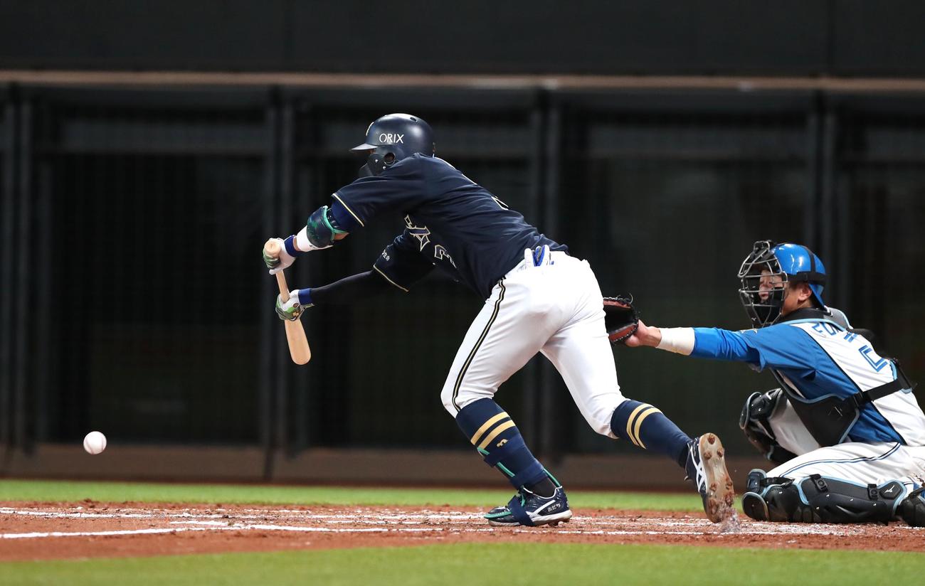 日本ハム対オリックス　4回表オリックス1死一、三塁、スクイズを決める安達（撮影・黒川智章）