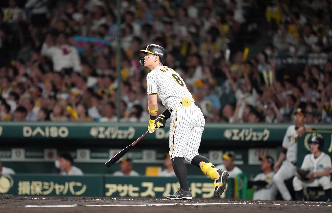 阪神対巨人　3回裏阪神1死満塁、満塁本塁打を放つ佐藤輝（撮影・狩俣裕三）