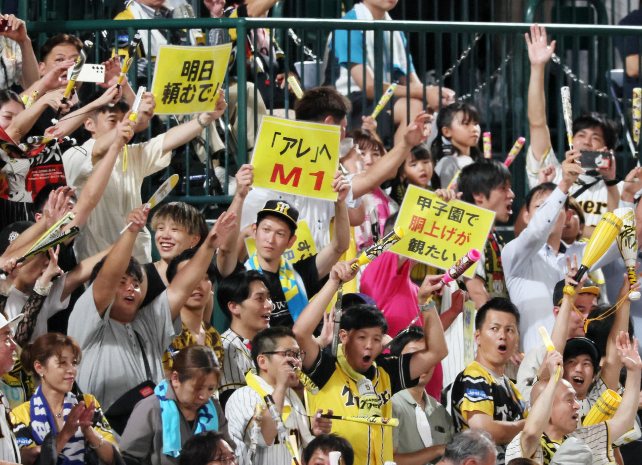 阪神対巨人　巨人に勝利しマジック1に喜ぶファン（撮影・加藤哉）