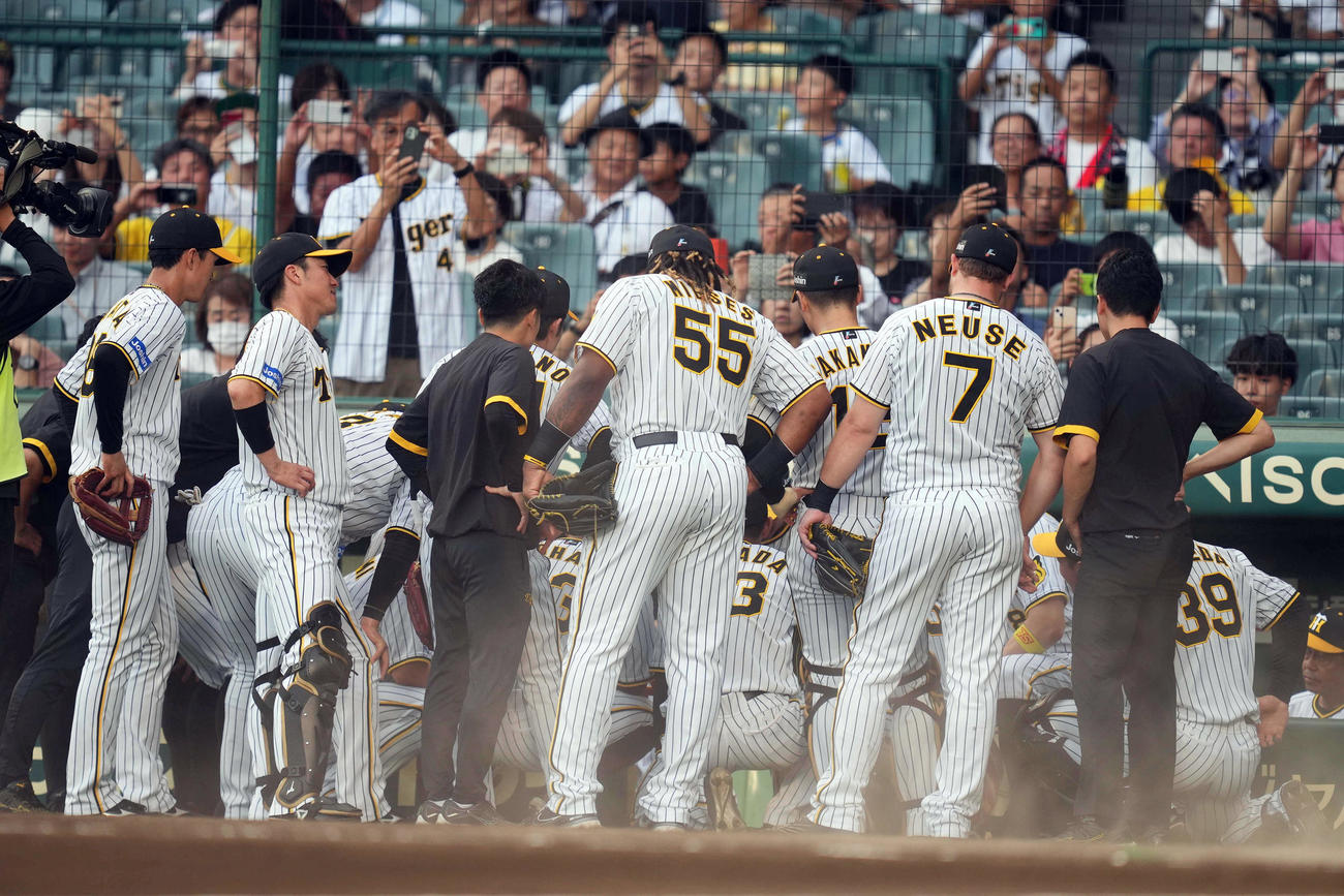 阪神対巨人　試合前、円陣を組む阪神の選手たち（撮影・狩俣裕三）
