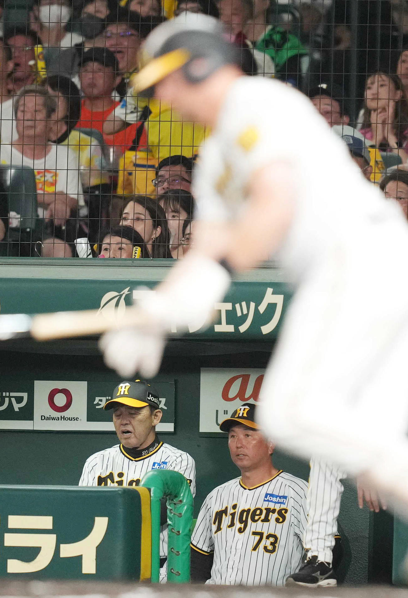 阪神対巨人　4回裏阪神1死満塁、併殺打に打ち取られるノイジー（手前）に悔しがる岡田監督（後方左）（撮影・狩俣裕三）
