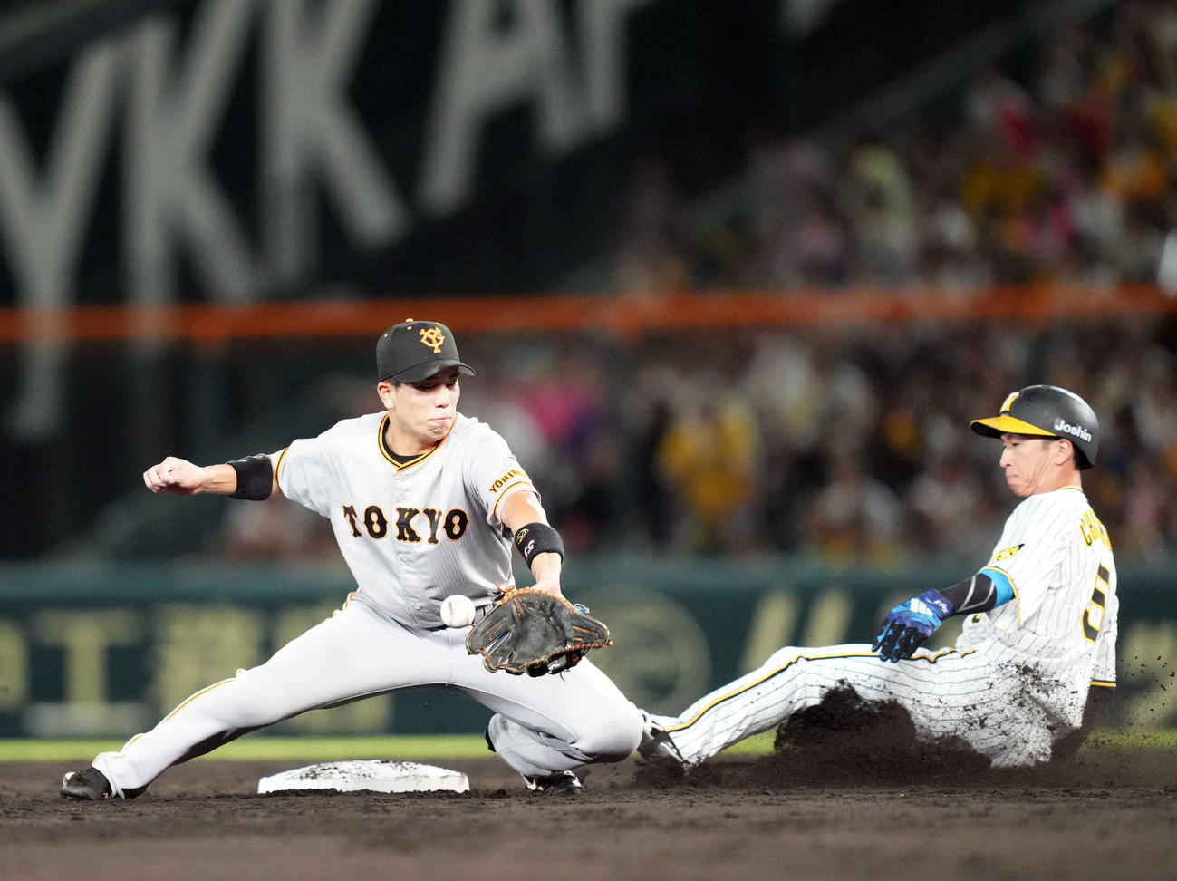 阪神対巨人　3回裏阪神無死一塁、二盗を決める近本（右）。左は門脇（撮影・狩俣裕三）