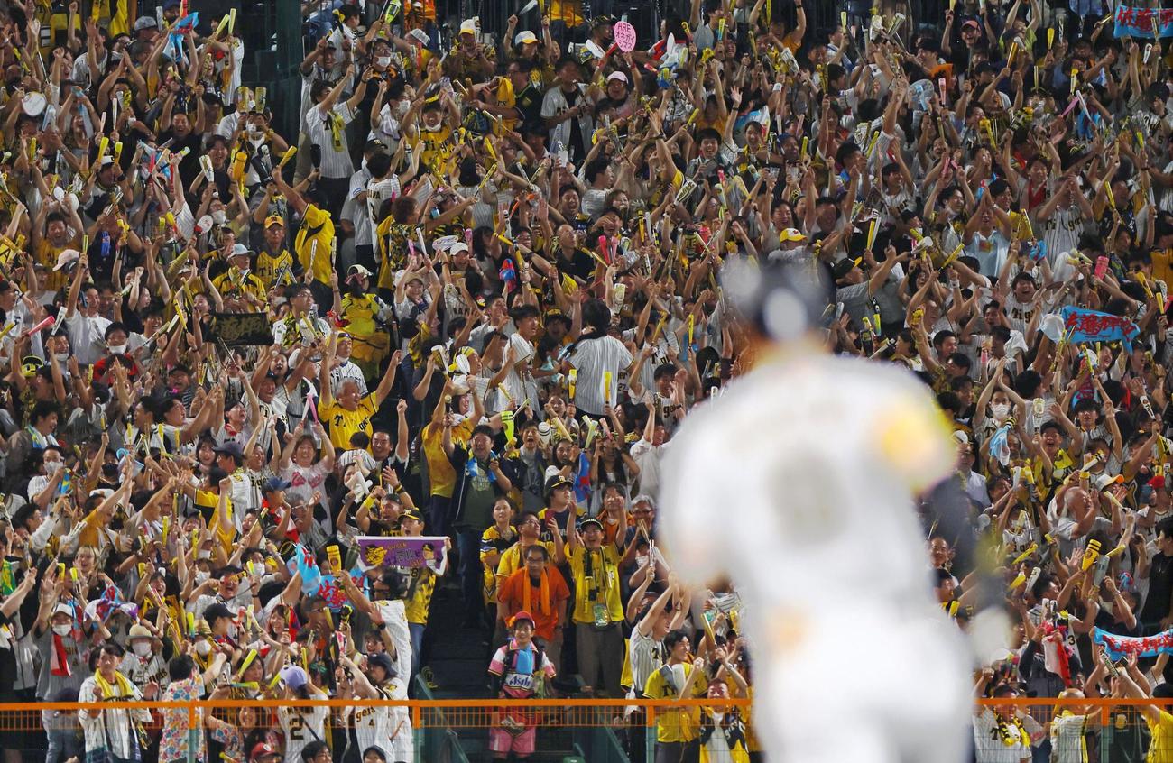 6回、佐藤輝（手前）の2点本塁打に盛り上がる阪神ファン（共同）