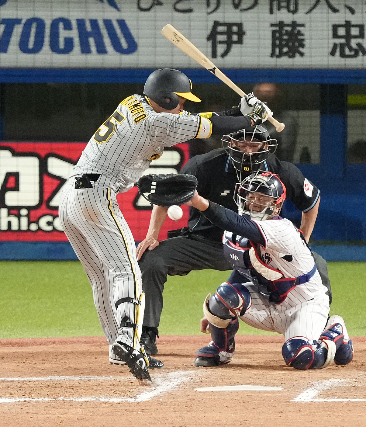 3日、ヤクルト戦の9回に死球を受ける近本