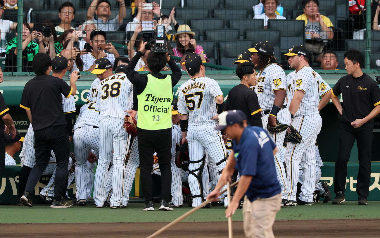 阪神対巨人　試合前の円陣を組む阪神ナイン（撮影・加藤哉）