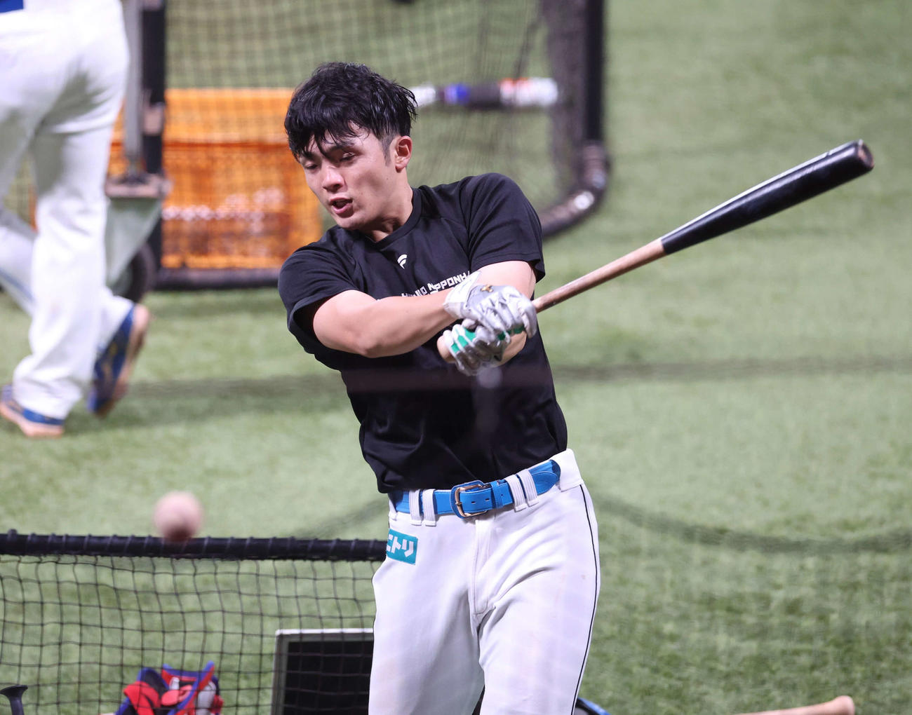 ティー打撃する日本ハム郡司（撮影・黒川智章）
