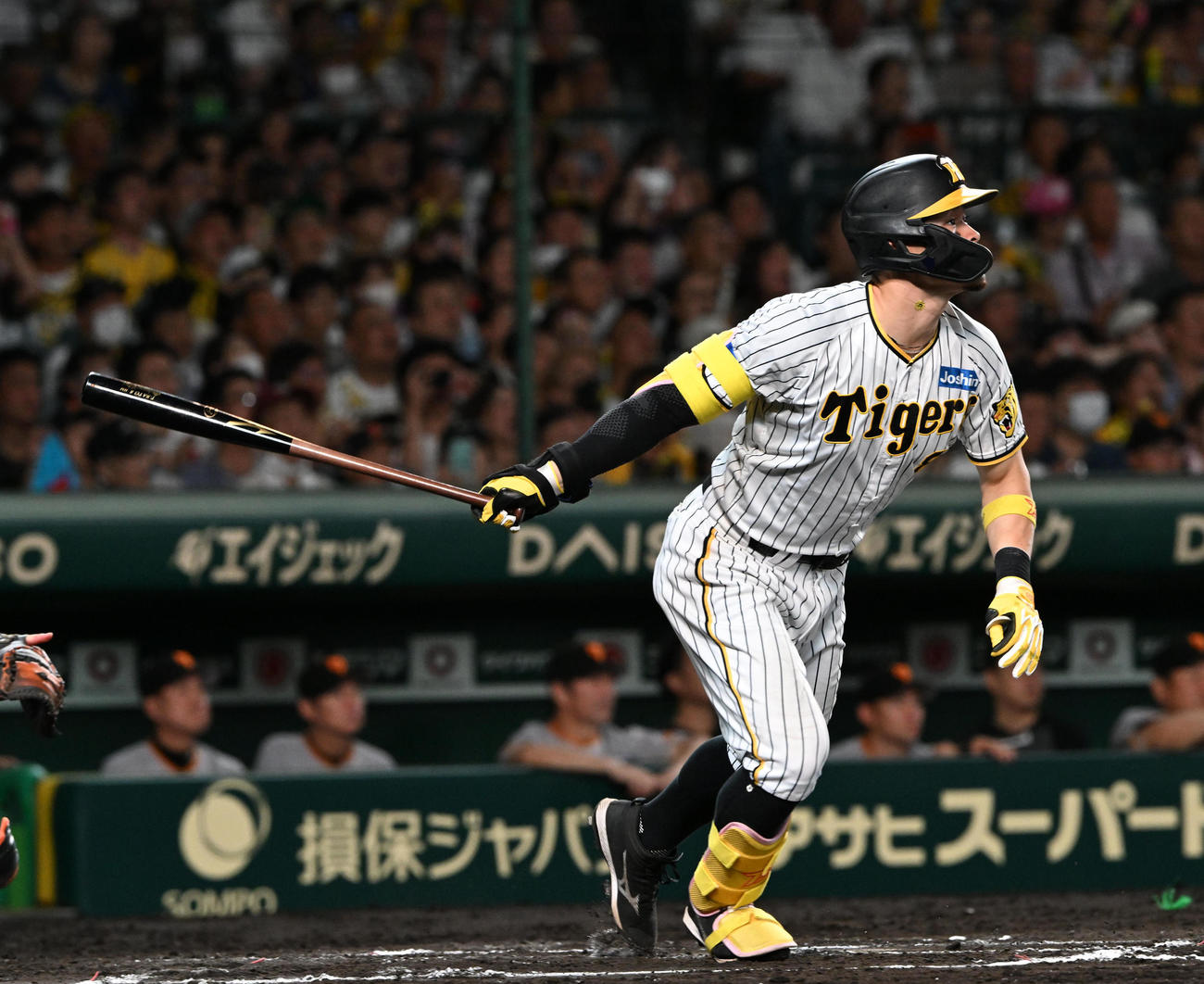 阪神対巨人　6回裏阪神2死一塁、佐藤輝はバックスクリーンに2点本塁打を放つ（撮影・前岡正明）