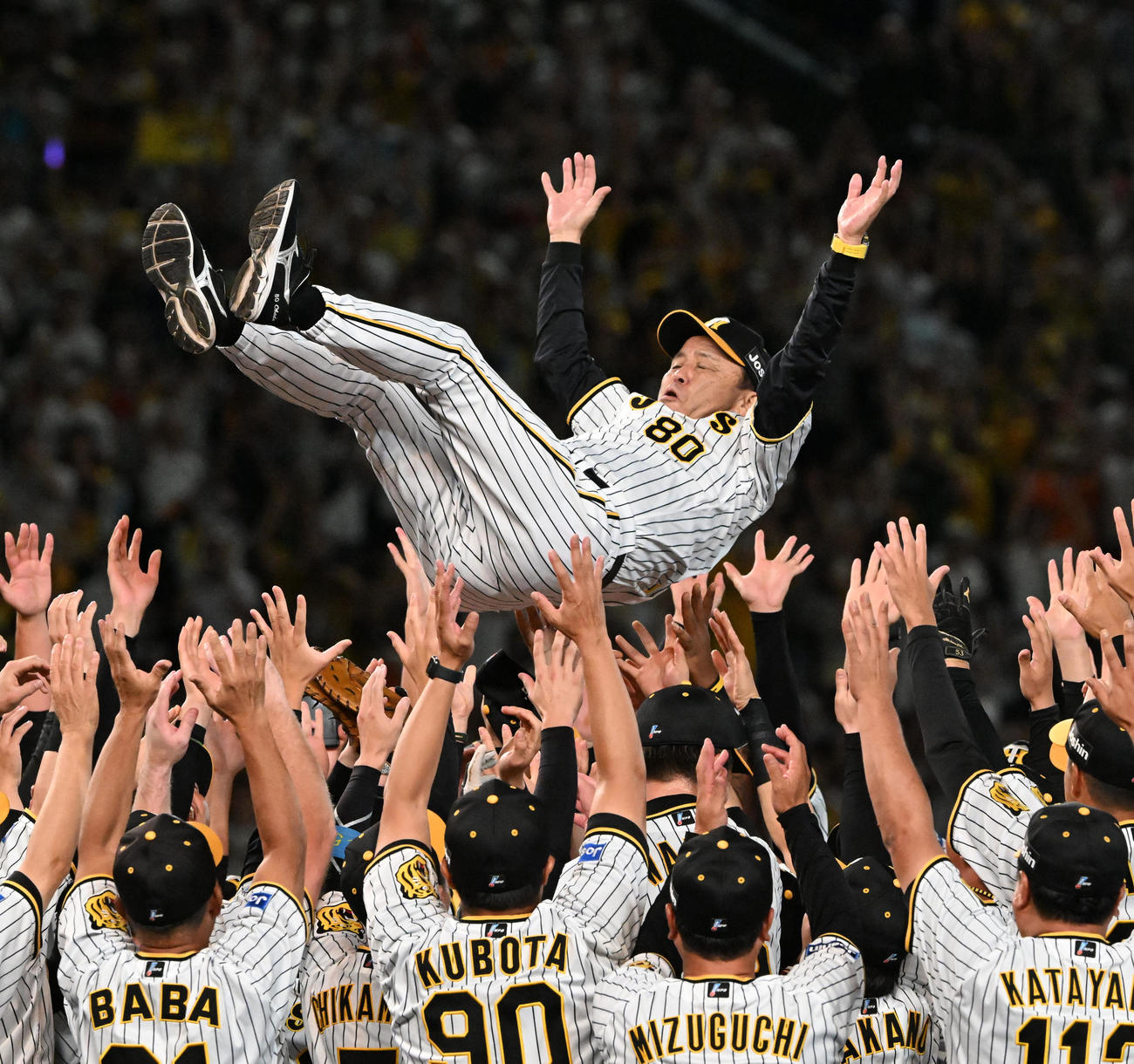 阪神対巨人　セ・リーグ優勝を決め胴上げされる岡田監督（撮影・前岡正明）