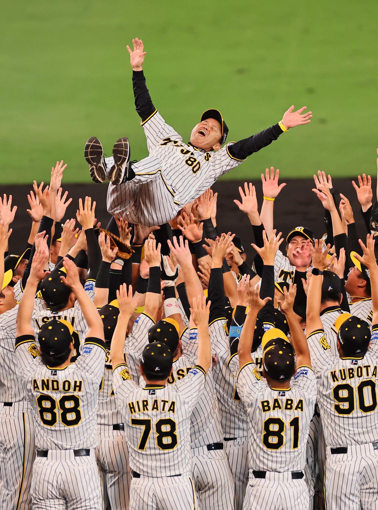 阪神対巨人　リーグ優勝を決めナインに胴上げされる岡田監督（撮影・上田博志）