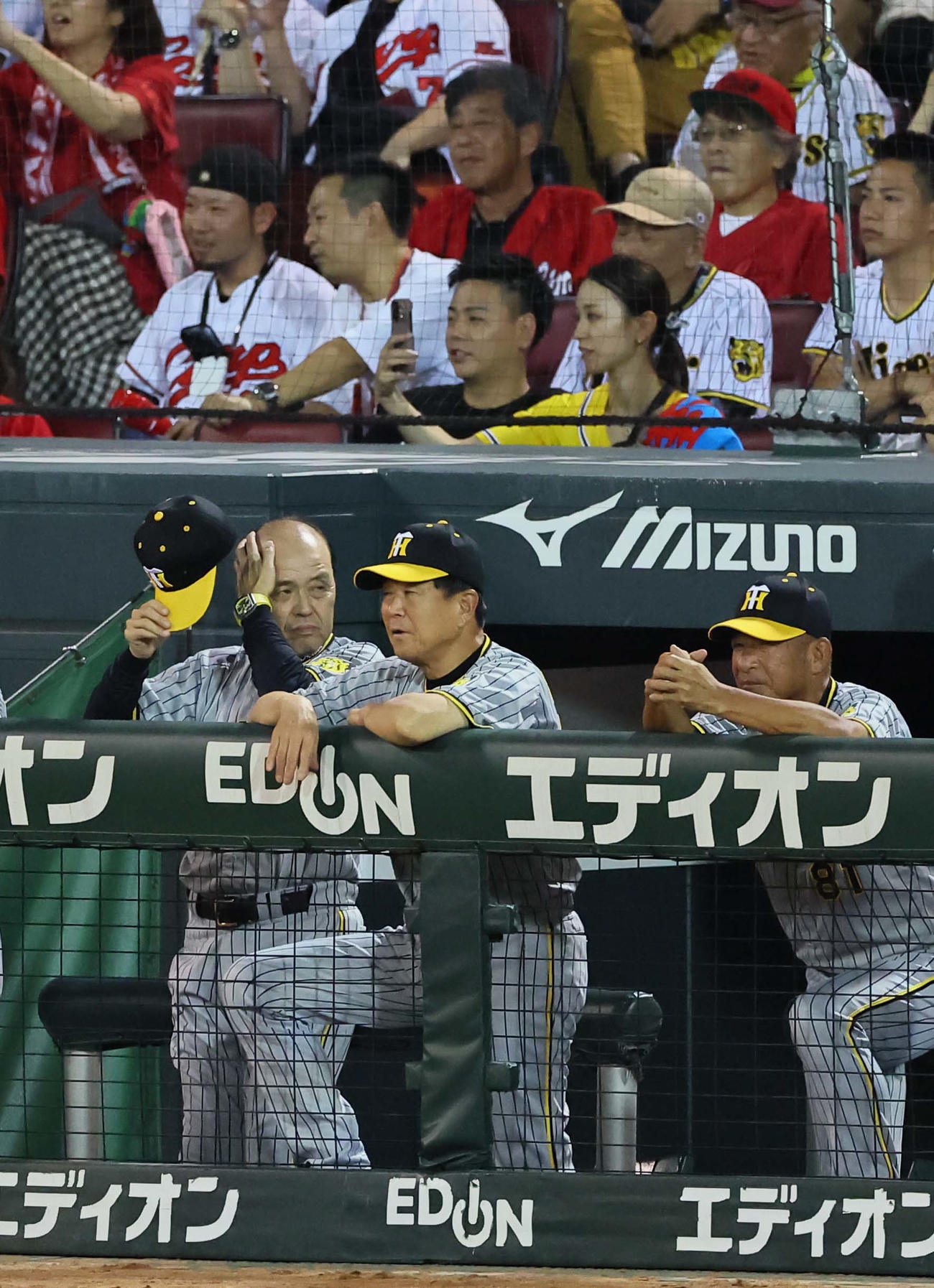広島対阪神　8回、勝ち越しを許した岡田監督（左）はベンチで汗をぬぐう（撮影・上田博志）