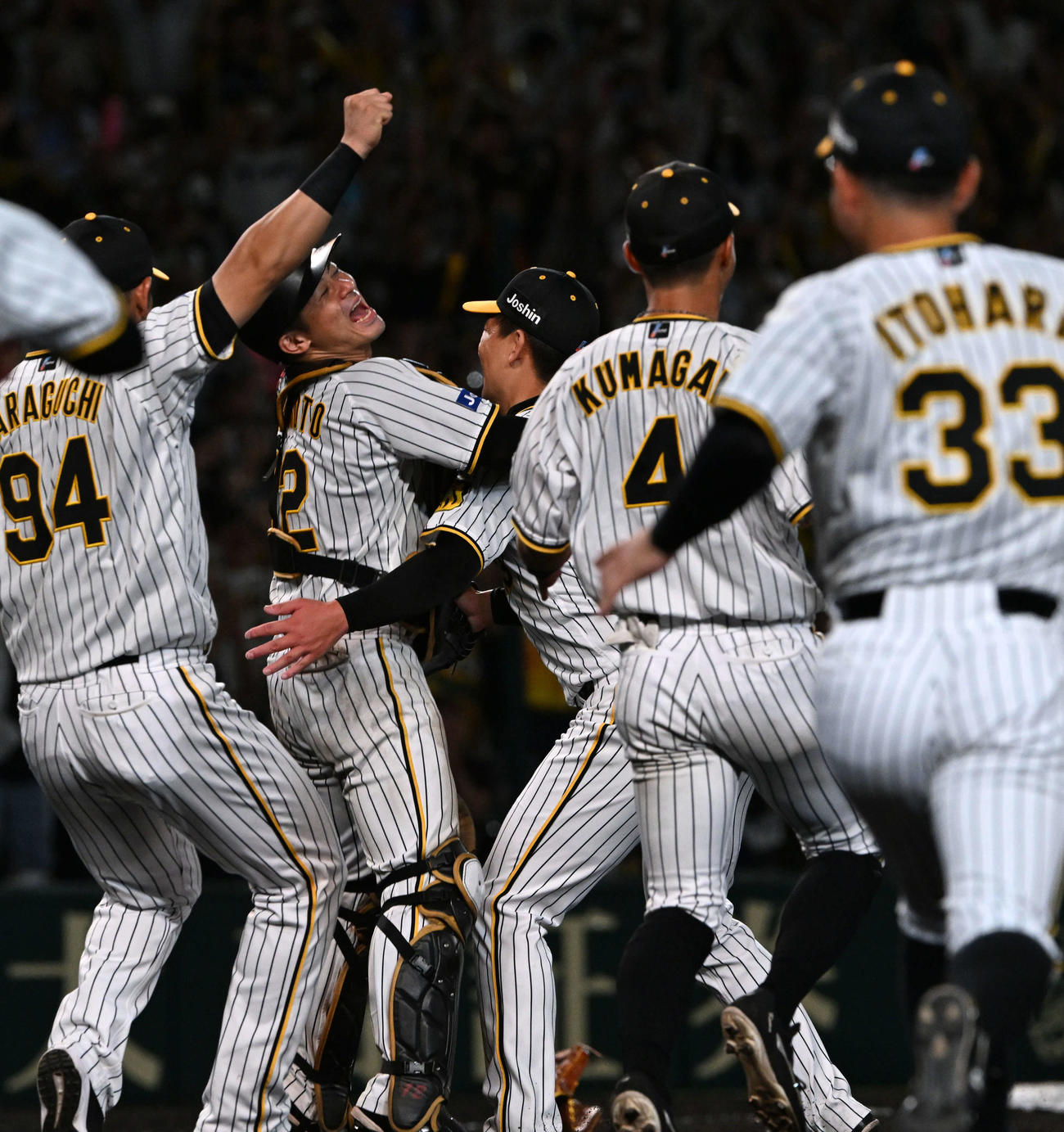 優勝を決め岩崎（右）坂本に駆け寄る阪神ナイン（2023年9月14日撮影）