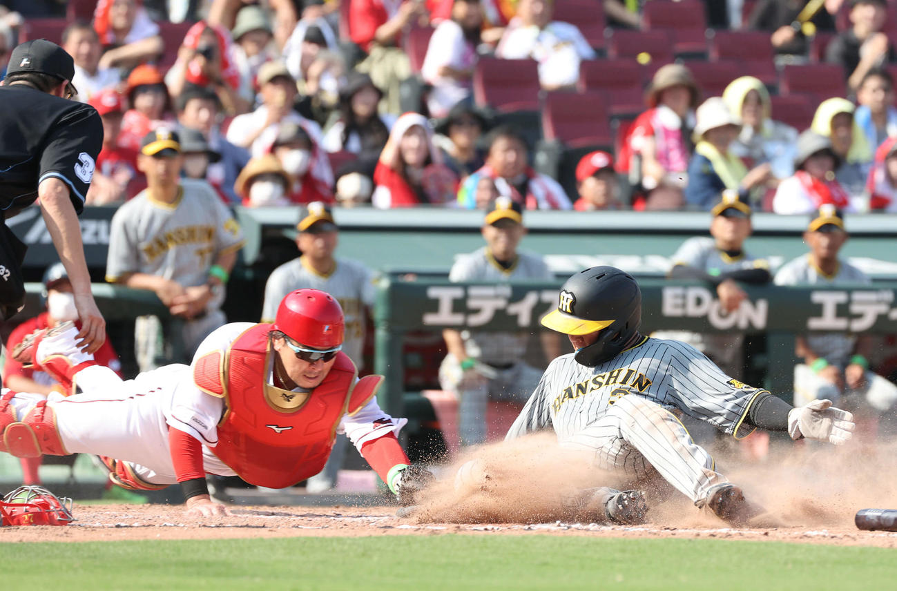 広島対阪神　3回表阪神1死二、三塁、ノイジーの中飛で大山は本塁を狙うがアウト。左は会沢（撮影・加藤孝規）