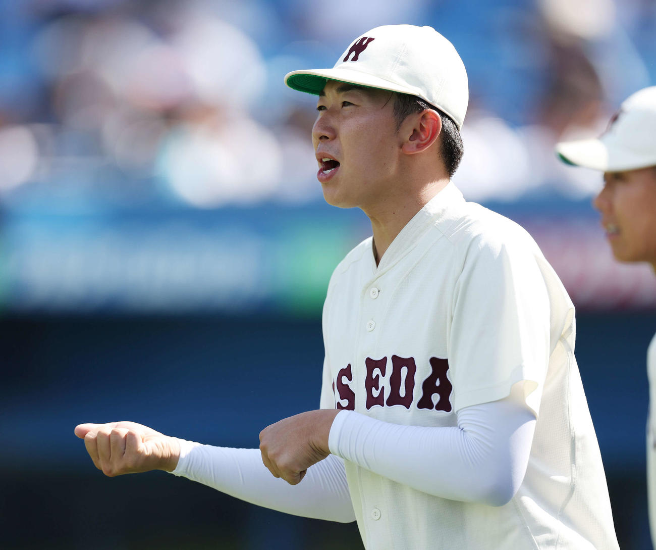 早大対東大　ベンチから声を出す早大・伊藤樹（撮影・宮地輝）