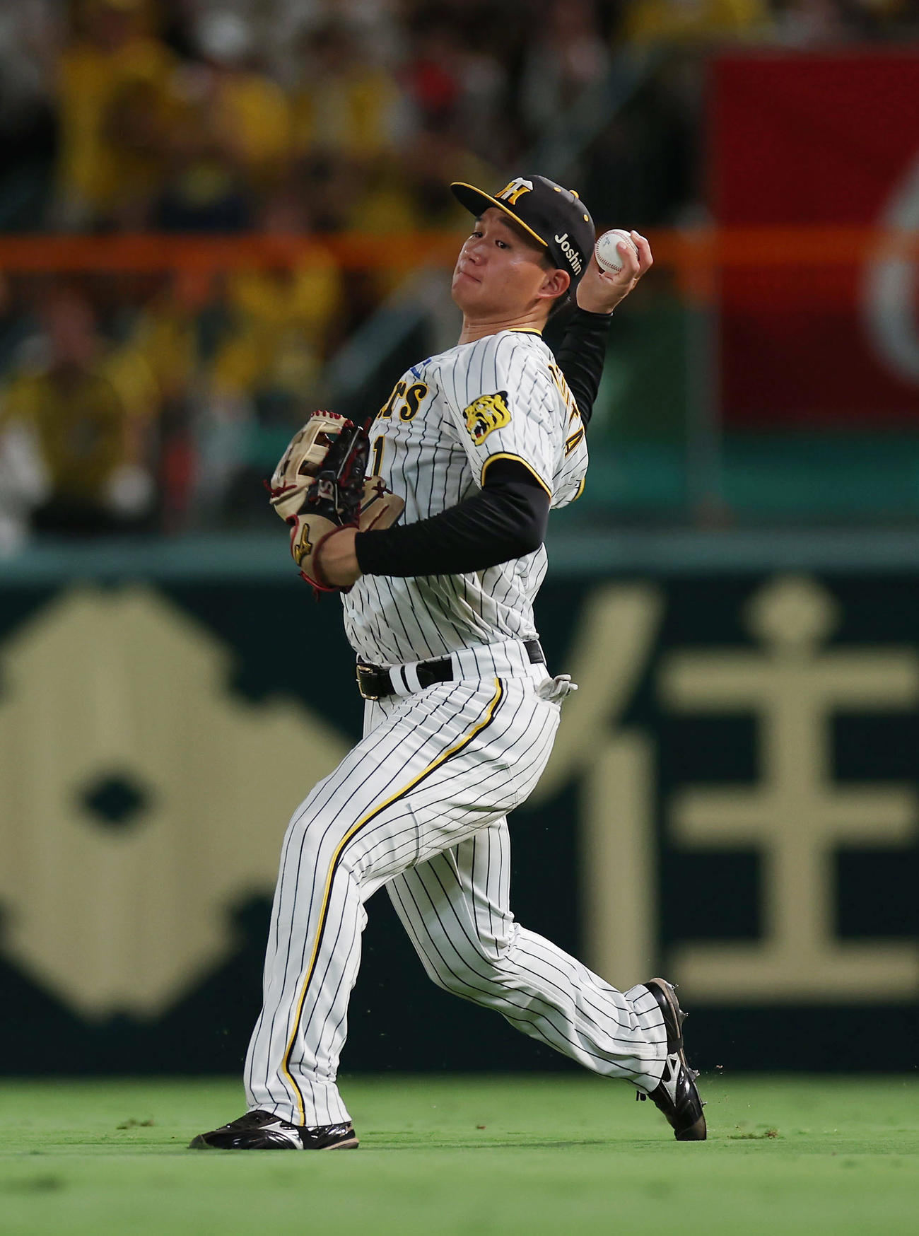 阪神対DeNA 7回表DeNA2死一、二塁、宮崎の右前打を本塁へ送球し、二走大和の生還を阻止する森下（撮影・前田充）
